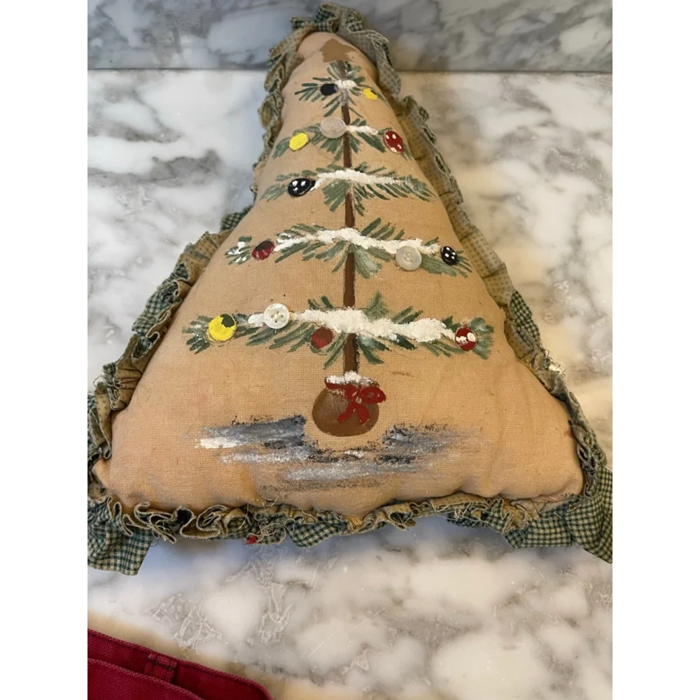 Primitive Hand-Painted Christmas Tree Pillow – Rustic Farmhouse Décor – 11x9